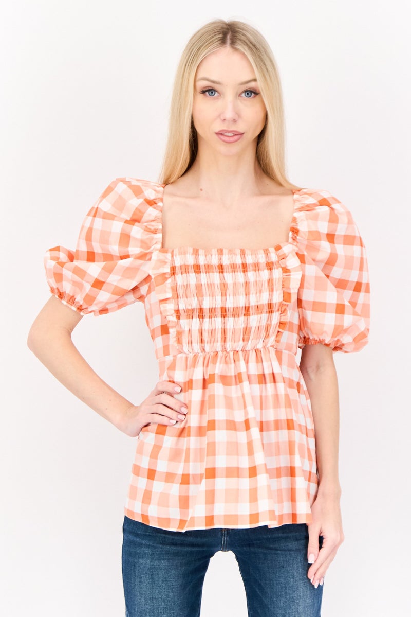 RIVER ISLAND Women Square Neck Puffed Sleeve Checkered Top, Multicolor - Image 1