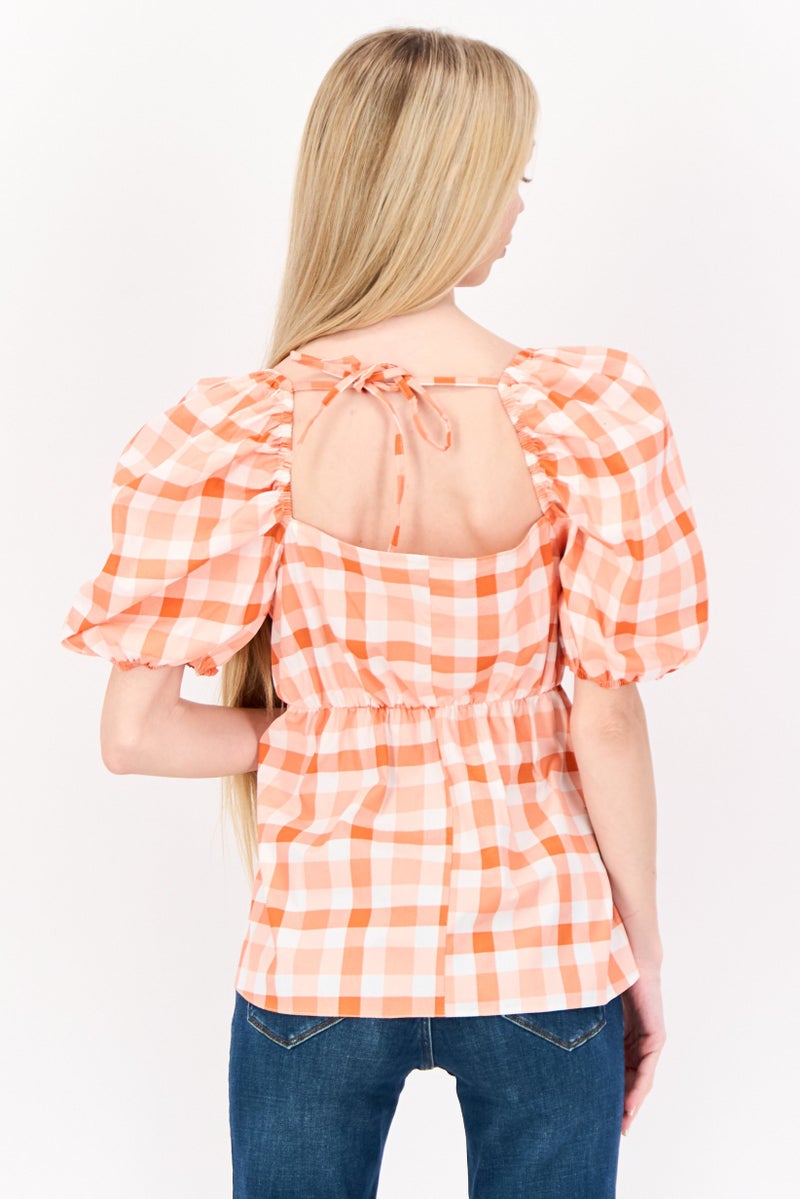 RIVER ISLAND Women Square Neck Puffed Sleeve Checkered Top, Multicolor - Image 3