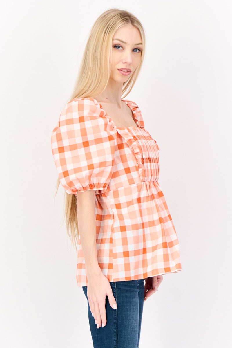 RIVER ISLAND Women Square Neck Puffed Sleeve Checkered Top, Multicolor - Image 4