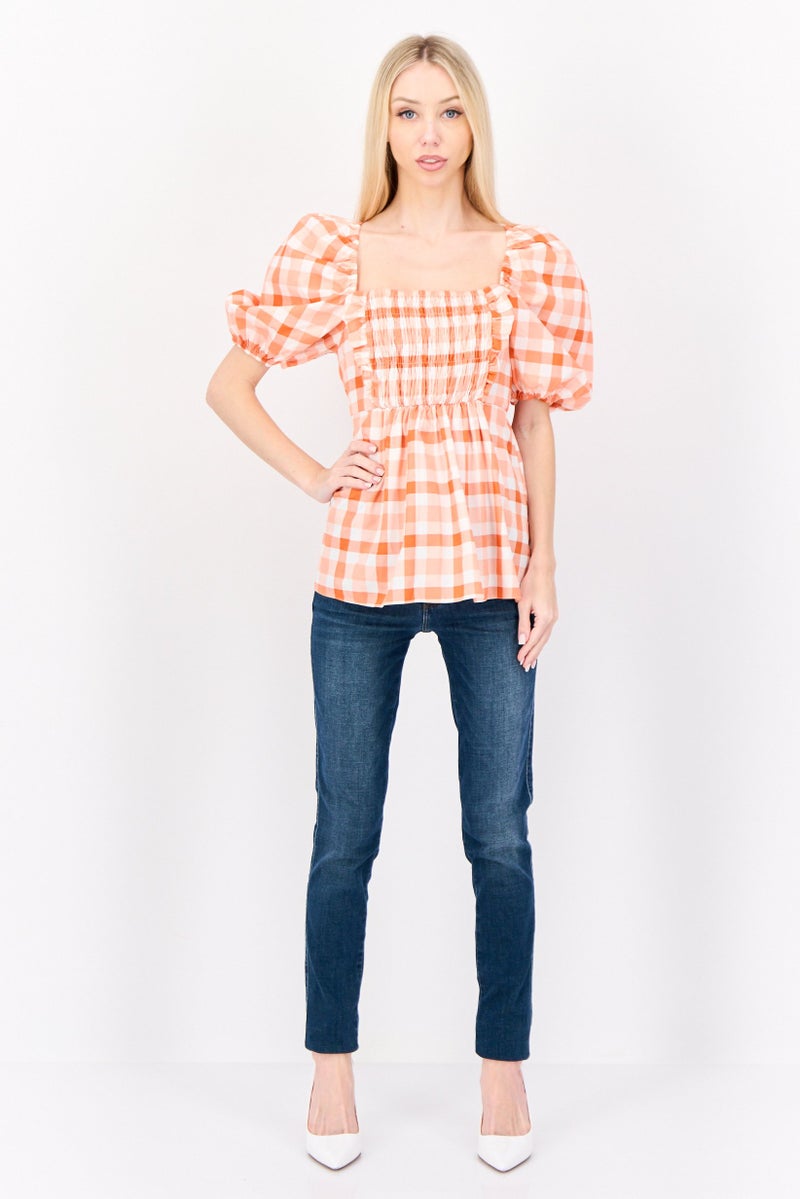 RIVER ISLAND Women Square Neck Puffed Sleeve Checkered Top, Multicolor - Image 4