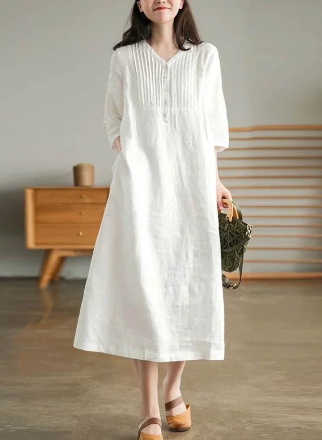 SIMPLEE Summer Artistic Loose V Neck Dress