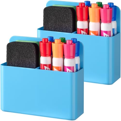 BEYGORM 2 Pack Plastic Magnetic Pen Holder for Refrigerator, Dry Erase Marker Holder for Whiteboard，Magnet School Locker Organizer Accessories, Pencil Cup, Pen Caddy, Classroom Organization(Blue) - Image 1