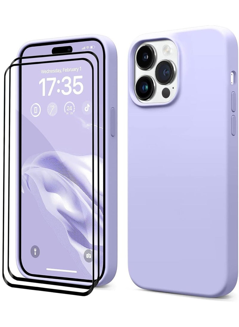 Compatible with iPhone 15 Pro Case with 9H Tempered Glass Screen Protector, Premium Liquid Silicone Shockproof Protective Case Slim Phone Cover (Purple)