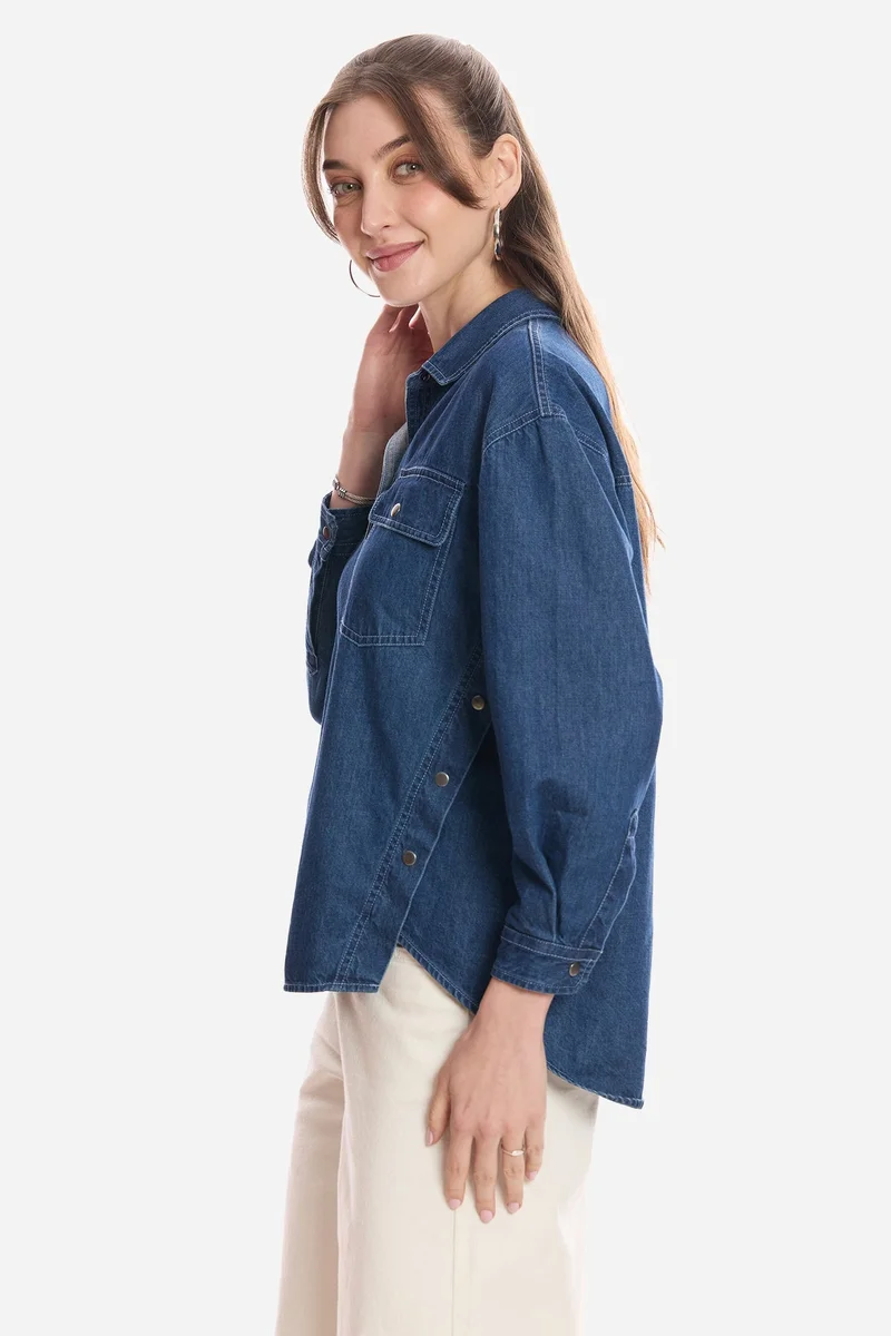 Virgio  Solid Cotton Snap Detail Shirt for Women for Women | Best Price UAE