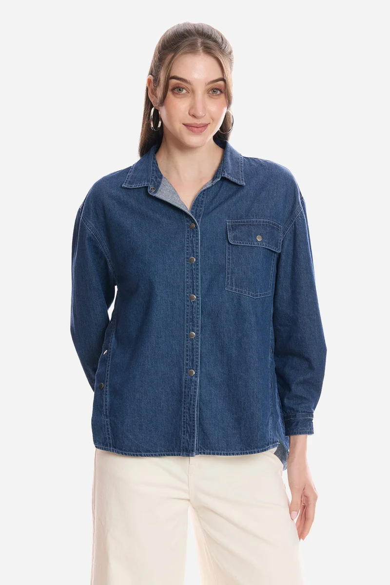 فيرجيو Solid Cotton Snap Detail Shirt for Women