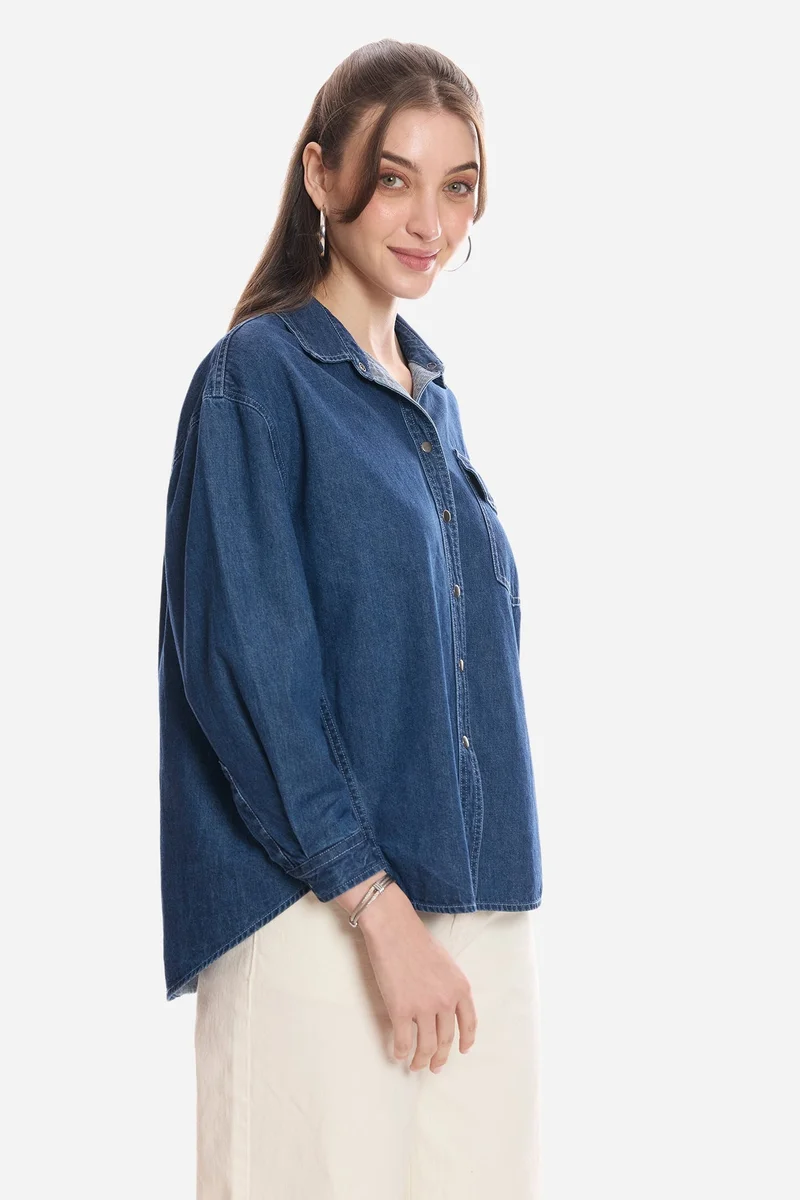 Virgio  Solid Cotton Snap Detail Shirt for Women for Women | Best Price UAE