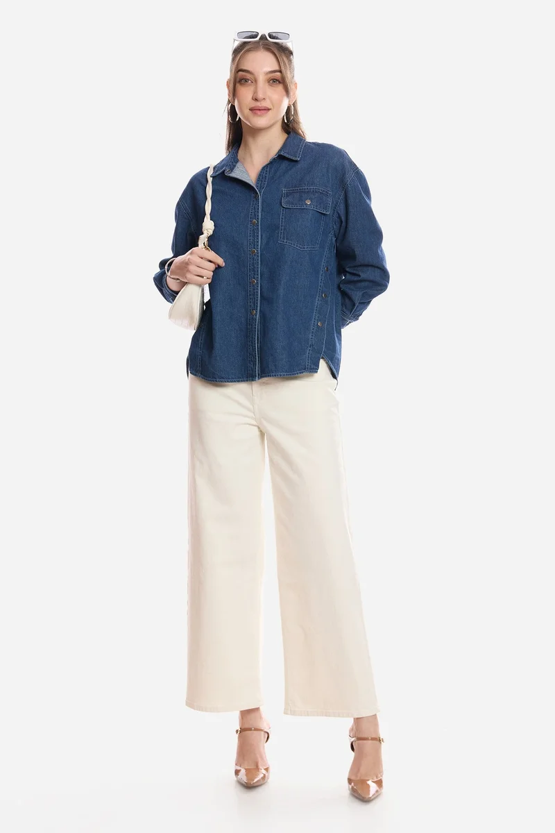 فيرجيو Solid Cotton Snap Detail Shirt for Women