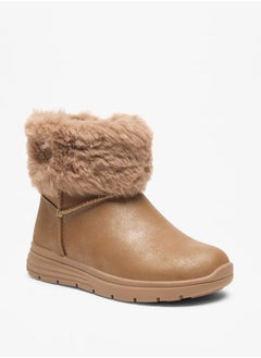 JUNIORS Girls Faux Fur Textured Low Ankle Boots with Zip Closure  - Image 1