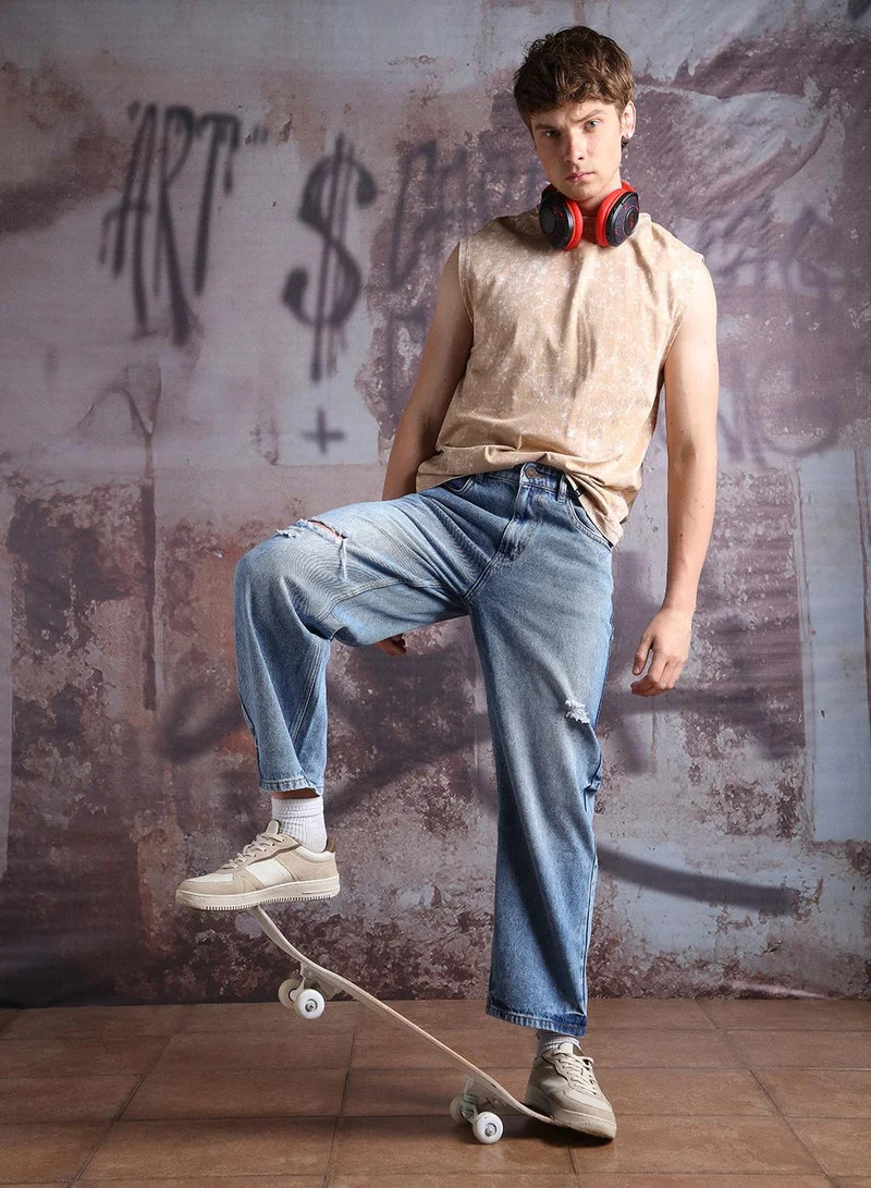 هوبرهولمي جينز قطن نقي رجالي مريح واسع بتأثير خفيف للتلف