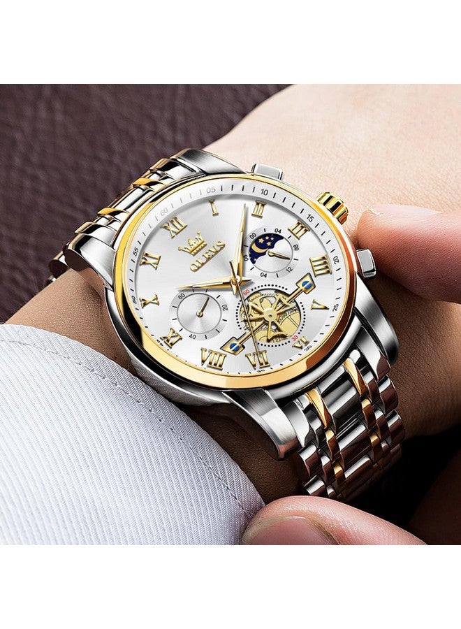 OLEVS Watches for Men Chronograph Business White Wrist Watches Analog Quartz Moon Phase Stainless Steel Waterproof Luminous Dress Watches - Image 4