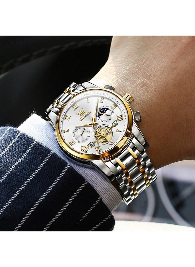 OLEVS Watches for Men Chronograph Business White Wrist Watches Analog Quartz Moon Phase Stainless Steel Waterproof Luminous Dress Watches - Image 5