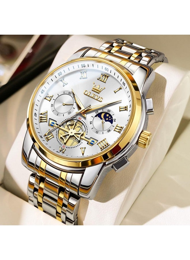 OLEVS Watches for Men Chronograph Business White Wrist Watches Analog Quartz Moon Phase Stainless Steel Waterproof Luminous Dress Watches - Image 3