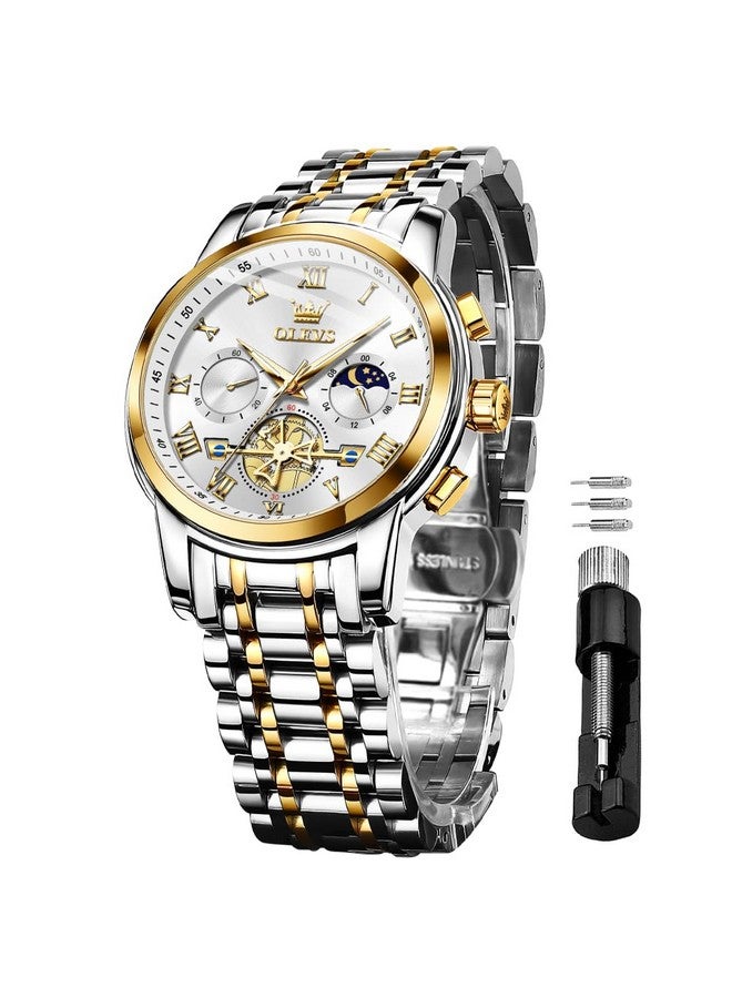 OLEVS Watches for Men Chronograph Business White Wrist Watches Analog Quartz Moon Phase Stainless Steel Waterproof Luminous Dress Watches - Image 1