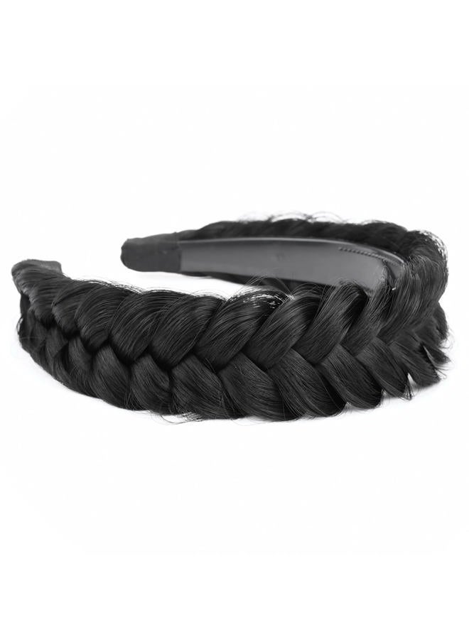 BOBIYA Wide Chunky Plaited Braided Headband Hair Band Synthetic Braid Hairpieces with Teeth Piano Two Tone Colors Accessories for Women Girl (W-Natural Black) - Image 2