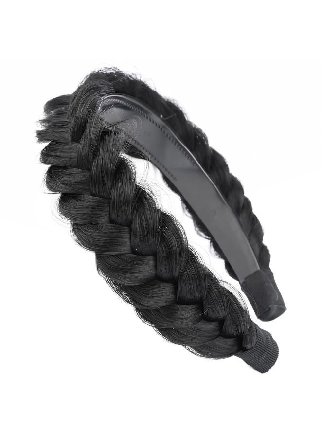 BOBIYA Wide Chunky Plaited Braided Headband Hair Band Synthetic Braid Hairpieces with Teeth Piano Two Tone Colors Accessories for Women Girl (W-Natural Black) - Image 3