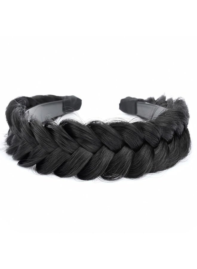 BOBIYA Wide Chunky Plaited Braided Headband Hair Band Synthetic Braid Hairpieces with Teeth Piano Two Tone Colors Accessories for Women Girl (W-Natural Black) - Image 1
