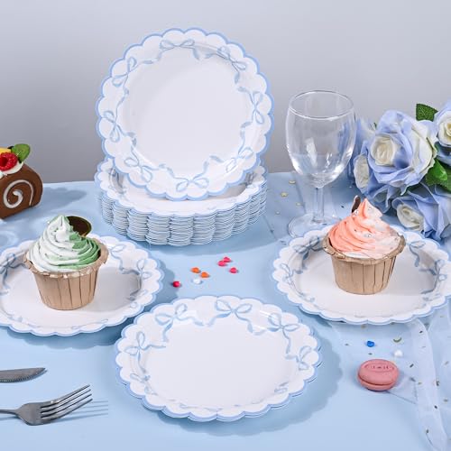 Elyxio 24 Pcs Blue Bow Paper Plates Coquette Disposable Party Plates Scalloped Bowknot 7" Small Cake Dessert Plate for Birthday Bridal Baby Shower Tableware Supply Table Decor - Image 5