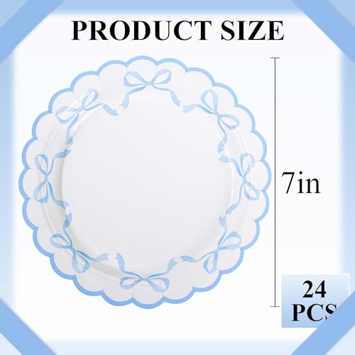Elyxio 24 Pcs Blue Bow Paper Plates Coquette Disposable Party Plates Scalloped Bowknot 7" Small Cake Dessert Plate for Birthday Bridal Baby Shower Tableware Supply Table Decor - Image 2