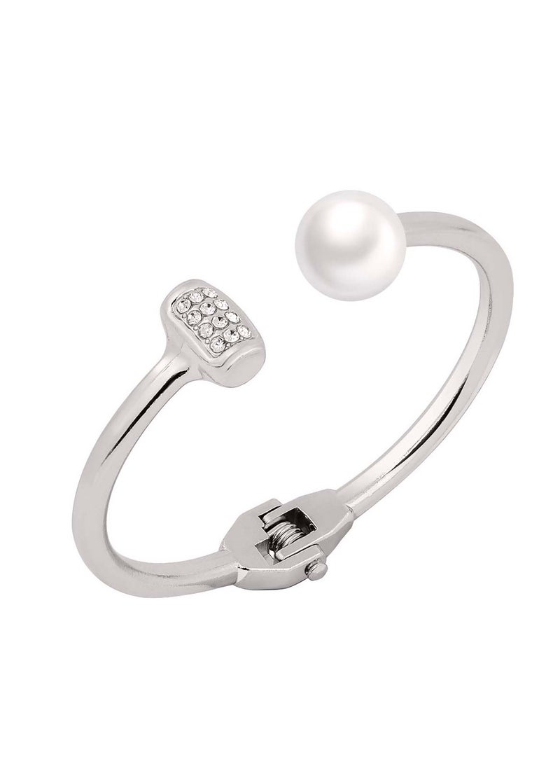 Silver Color Open Cuff Bracelet with Pearl & Rhinestone Detail