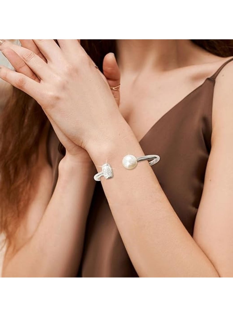 Silver Color Open Cuff Bracelet with Pearl & Rhinestone Detail