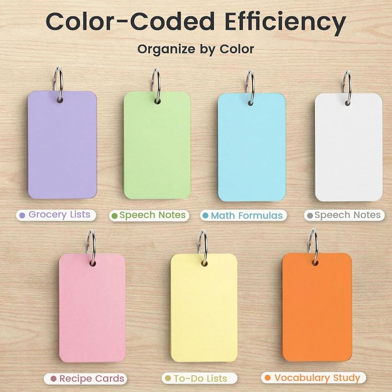 Koogel 1,500PCS Multicolor Index Paper with Binding Rings, 7 Colors 2.2 x 3.5 Inches Blank Easy Flip Flash Card Study Cards Business Cards Memo Scratch Pads Bookmark - Image 2