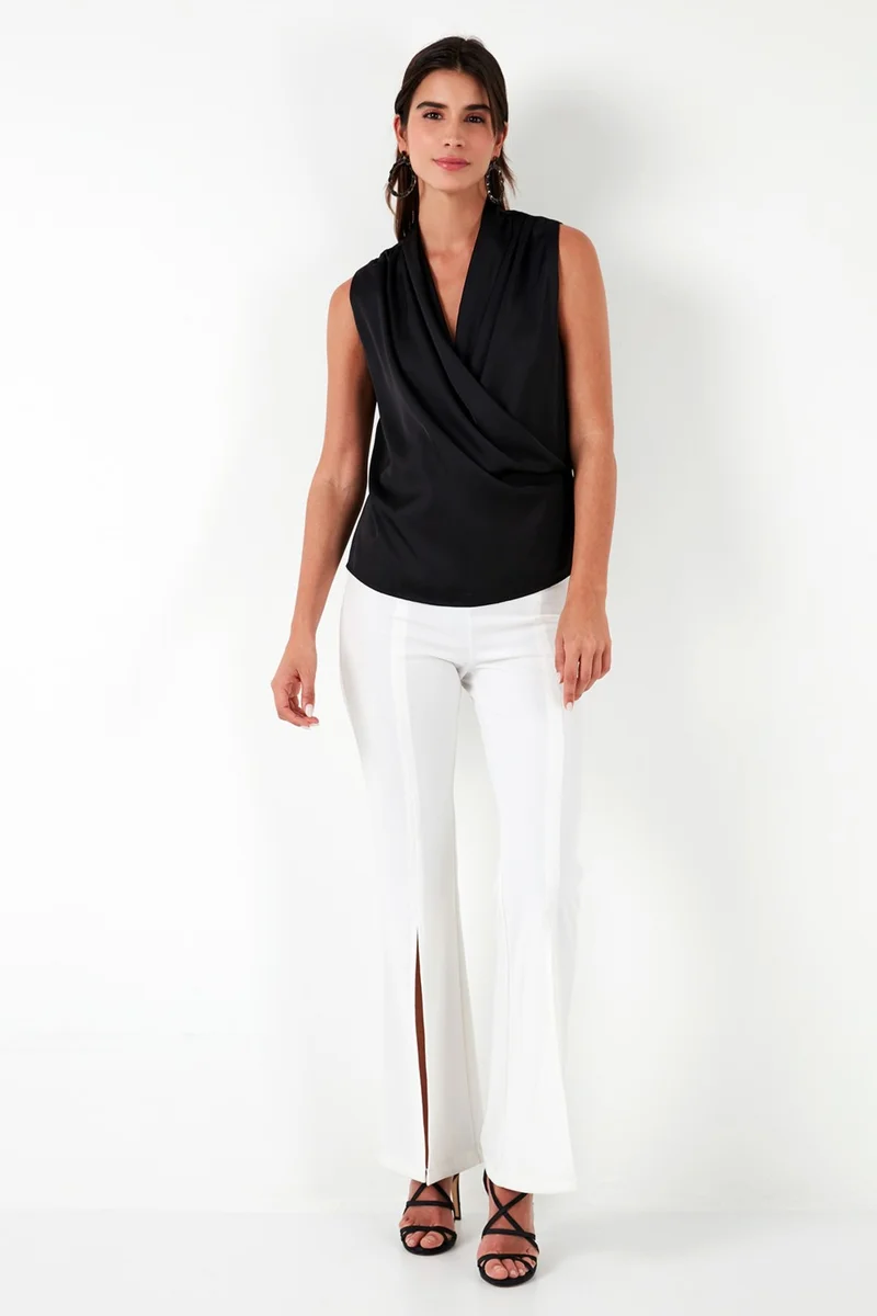 Lela Double Breasted Collar Sleeveless Satin Blouse Women's Blouse 611BZ0341