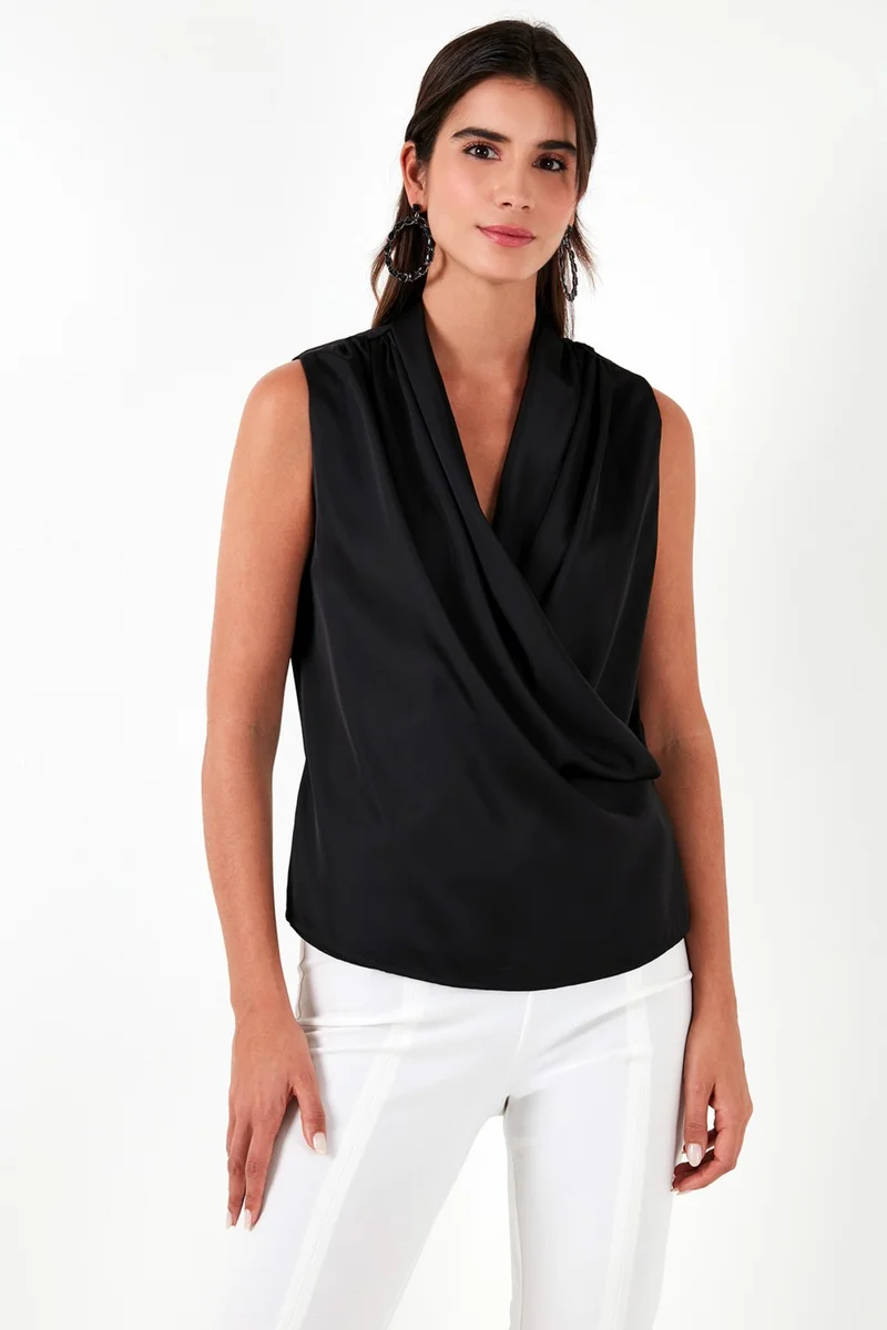 Lela Double Breasted Collar Sleeveless Satin Blouse Women's Blouse 611BZ0341