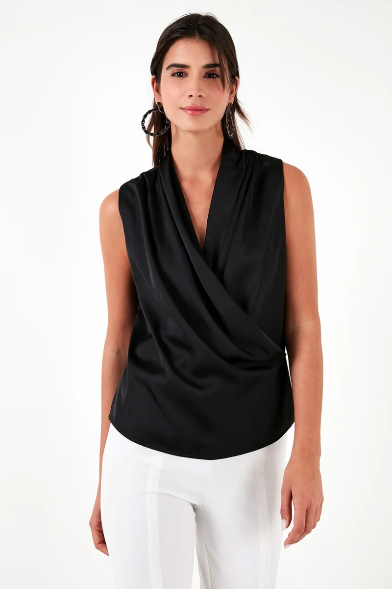 Lela Double Breasted Collar Sleeveless Satin Blouse Women's Blouse 611BZ0341