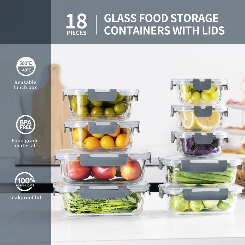 S SALIENT 18 Pieces Glass Food Storage Containers with Lids,Airtight Glass Meal Prep Containers,Glass Storage Containers Set for Kitchen,Pantry BPA Free & Leak Proof (9 lids & 9 Containers) - Image 4