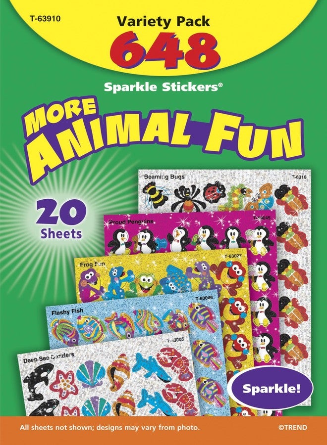 Trend Enterprises Animal Fun Sparkle Sticker Variety Pack - Pack of 648 - T63910, Multicolor - Image 1