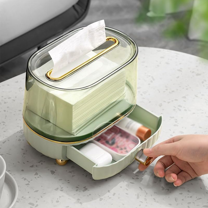 JUVIW Clear Multifunctional Tissue Box with Spring Phone Holder Storage Drawer Home Storage Box Paper (Green) - Image 5