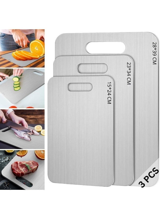 Stainless Steel Cutting Boards 3-Pack | Food-Grade 304 Metal Chopping Boards | Dishwasher Safe for Meat Vegetables Fruits | 39x28 34x23 24x15 cm