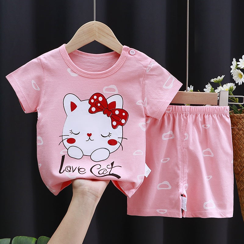 Infant Cotton T-Shirt Combo New Arrival K039-Short set pink face cat