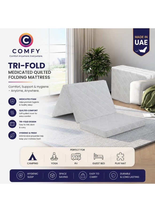 COMFY SEMI MEDICATED TRI FOLD PORTABLE MATTRESS WHITE 180 X 90 X 7 CM, Thickness 7 cm - Image 1