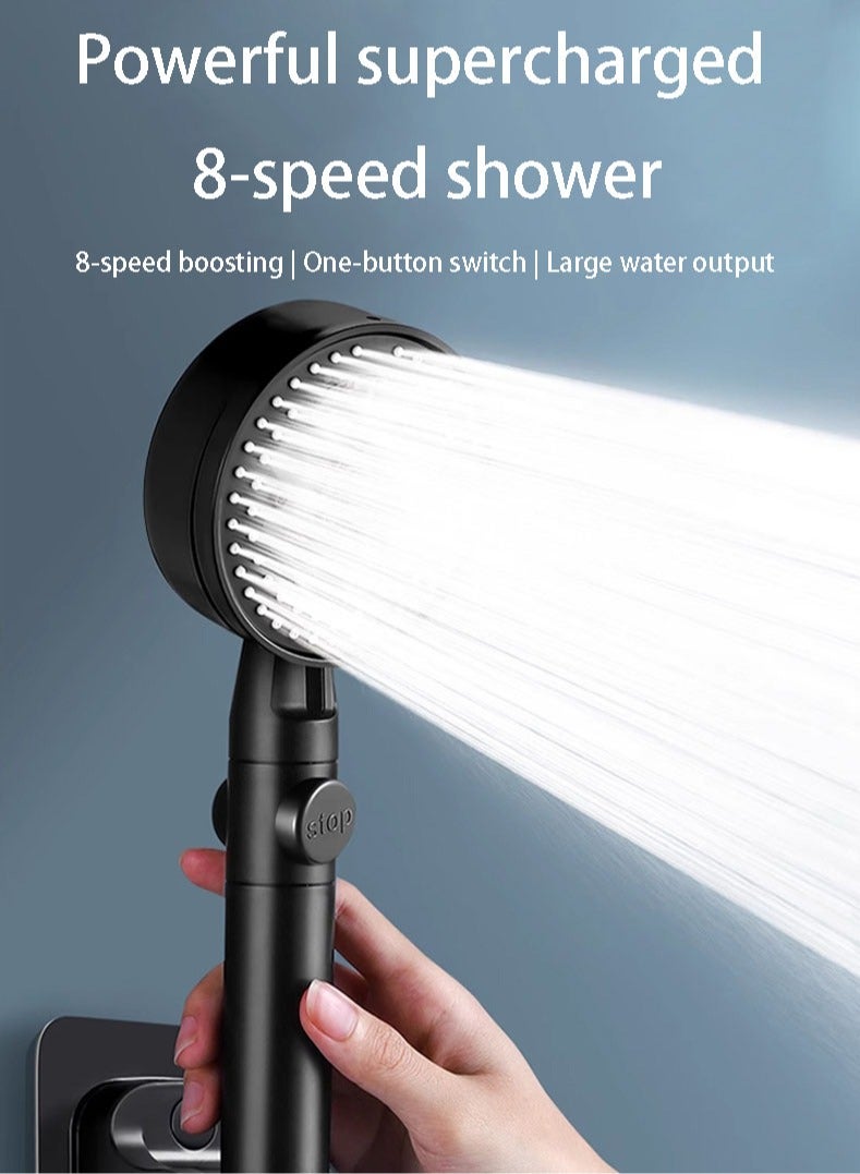 Ocean Household black eight-speed supercharged shower head, shower head 1.5 meters hose, silicone water outlet, thickened ABS material, resistant to falling and scalding - Image 1