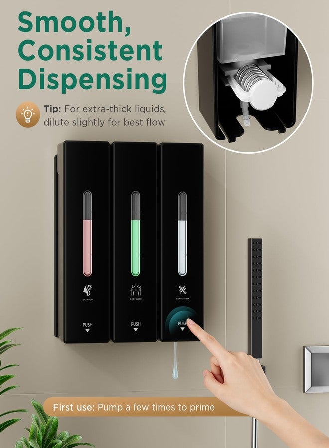 Aeakey Shampoo and Conditioner Dispenser Wall Mounted, 3-Chamber Shower Soap Dispenser for Bathroom, 1200ML Large Capacity, No-Drill Installation, Clog-Free Pump for Thick Liquids (black-3-pack) - Image 2