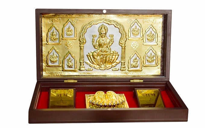 WOODEN FINISH ASHTALAXMIASHTALAKSHMI FOIL PRINT BROWN ROYAL PETIGIFT BOX WITH CHARAN PADUKA AND SHUBH LABH FOR GIFTING HOME DECOR OFFICE DECOR GHAR MANDIR SIZE 85 X 45 INCH