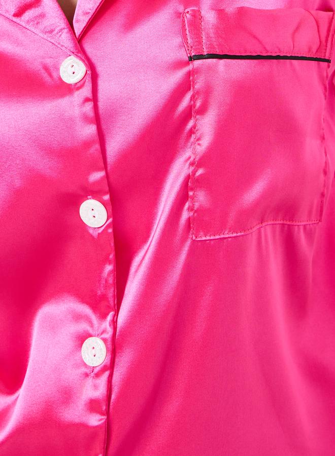 Take Two Dark Pink Solid Piping Detail Shirt and Shorts Set - Image 3