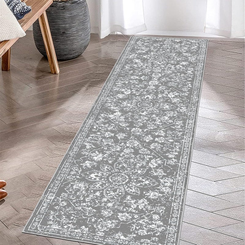Pauwer Vintage Runner Rug NonSlip NonShedding Hallway Runner Rug Distressed Faux Wool Throw Rug Runner Washable LowPile Accent Rug Runner for Kitchen Laundry Entrance Grey2x8Ft