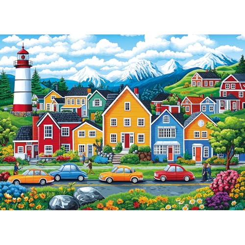 Blueforest 1000 Piece Jigsaw Puzzle for Adults Coastal Village Scene Colorful Houses Lighthouse Mountain View 275x197 Inch Large Puzzle Challenging Hard Difficult Puzzles for Adults - Image 1