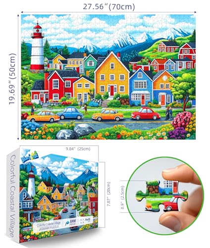 Blueforest 1000 Piece Jigsaw Puzzle for Adults Coastal Village Scene Colorful Houses Lighthouse Mountain View 275x197 Inch Large Puzzle Challenging Hard Difficult Puzzles for Adults - Image 5