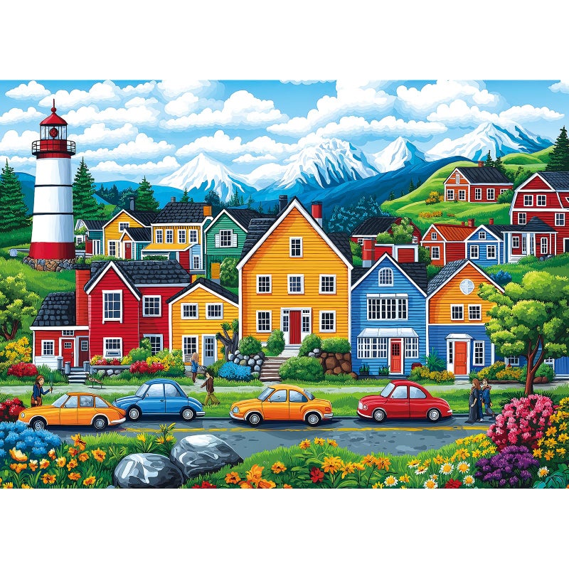 Blueforest 1000 Piece Jigsaw Puzzle for Adults Coastal Village Scene Colorful Houses Lighthouse Mountain View 275x197 Inch Large Puzzle Challenging Hard Difficult Puzzles for Adults - Image 3