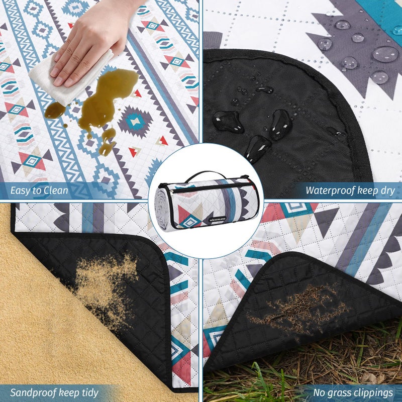 WICKERLAND Picnic Blankets Extra Large - Beach Blanket Waterproof Sandproof with Shoulder Strap, Machine Washable, Outdoor Blanket with Stakes for Grass Concert, Park, Lawn,Travel,Spring Summer. Navy - Image 3