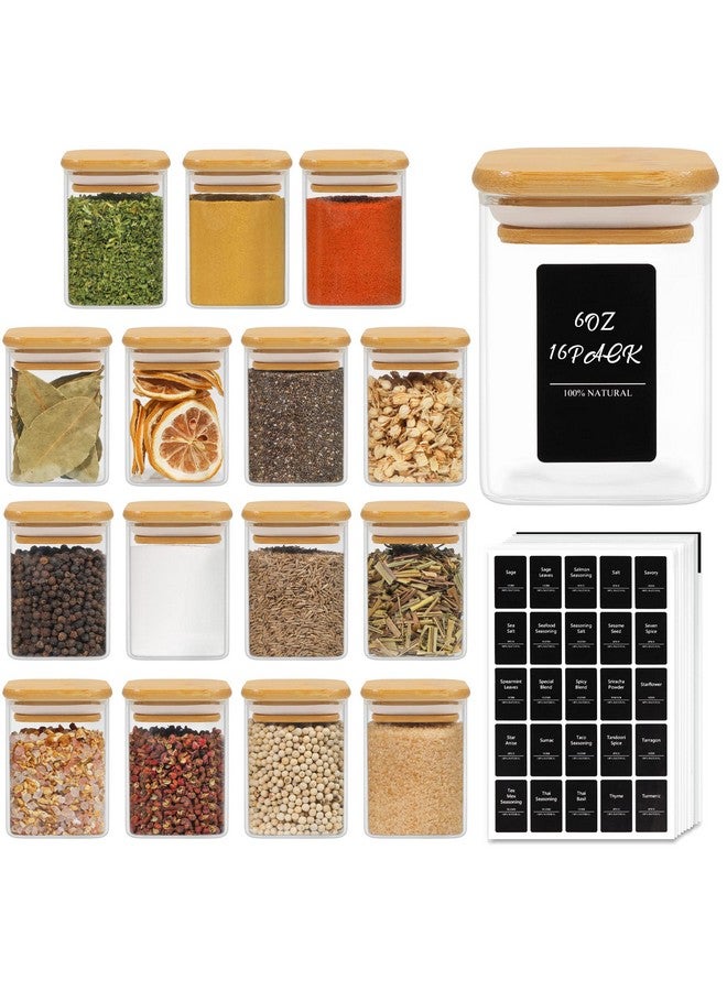 ComSaf 16Pcs Glass Spice Jars with Bamboo Lid, 6oz Airtight Square Containers with 275 Black Lables, Empty Seasoning Jars for Salt Sugar - Image 1
