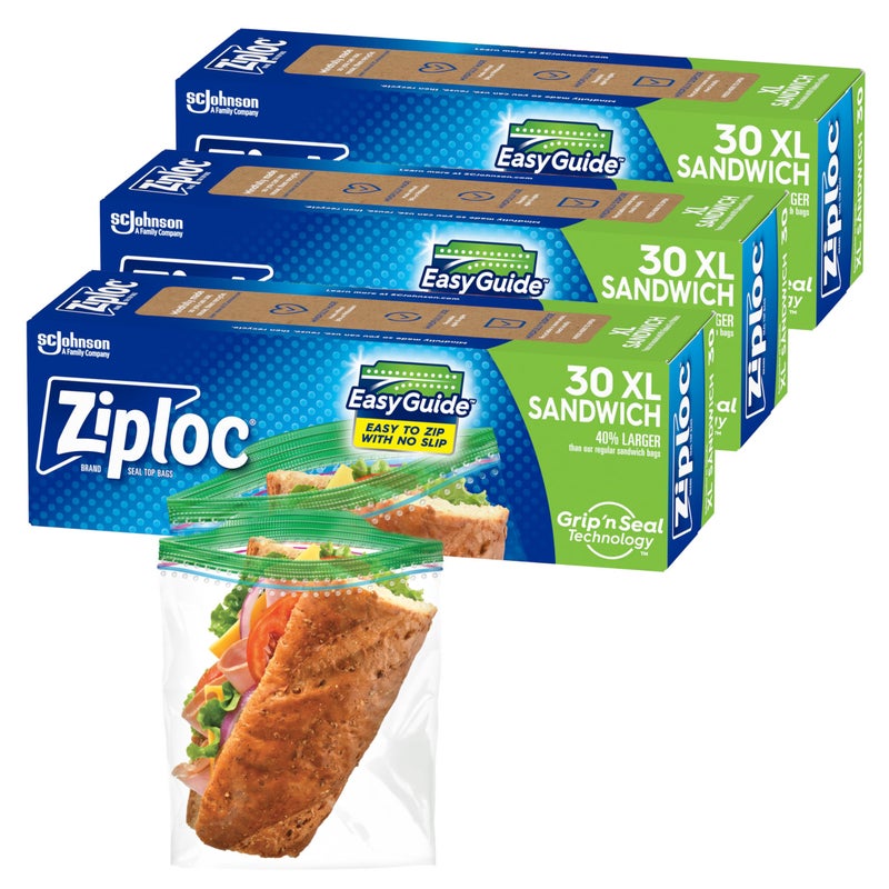Ziploc Ziploc XL Sandwich and Snack Bags with EasyGuide Texture Plastic Storage Bags with Grip n Seal Technology 90 Bags Total