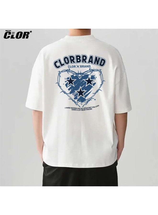 Clor Casual Short-sleeve T-shirt For Men And Women, Summer Trendy Printed Undershirt, Loose-fitting Breathable Pure Cotton Top C017-1 White XL - Image 1