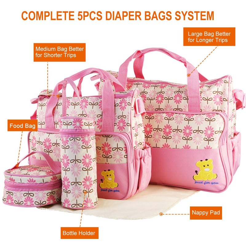 Moclever 5PCS Diaper Bag Tote Set for Baby Essentials â€“ Large Baby Bags for Mom, Waterproof Maternity Bags with Bottle Bag, Food Bag & Changing Pad (Pink) - Image 3