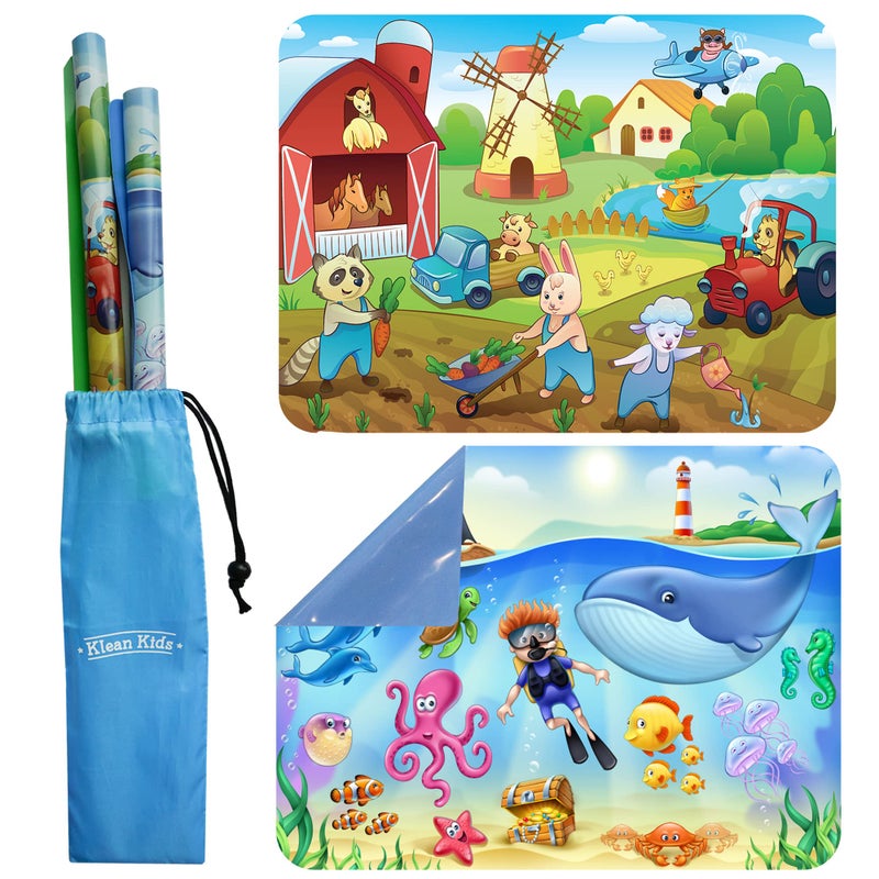 Klean Kids Klean Kids 2 Pack Silicone Placemat for Toddlers Sealife and Farm  Non Slip 2Pack with Travel Bag  SealifeFarm  Alternative to Suction Plates for Babies  Essential Baby Feeding