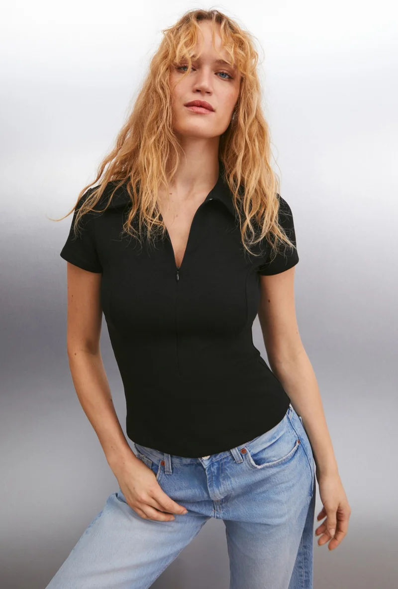 GRIMELANGE Karan Women's Short Sleeve Jacket Collar Front Zippered Black Blouse