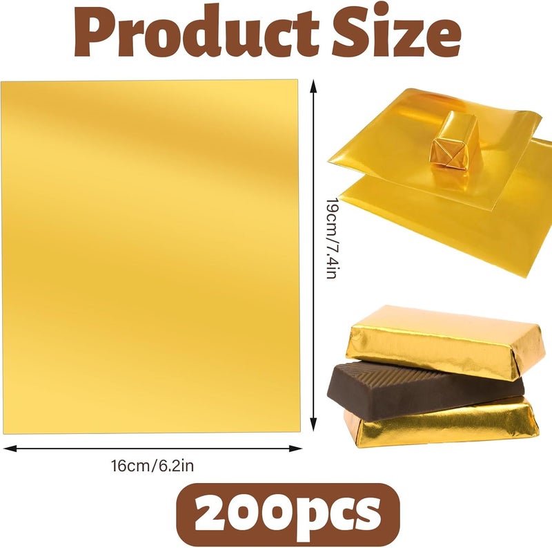 Roucerlin 200 Pieces Gold Chocolate Bar Wrappers Packing, 6.2" x 7.4" Aluminum Foil Chocolate Wrapping Paper Sheet, Candy Foil Wrappers for Homemade Sweets Food Wraps Party Favor DIY (6.2" x 7.4 ") - Image 2